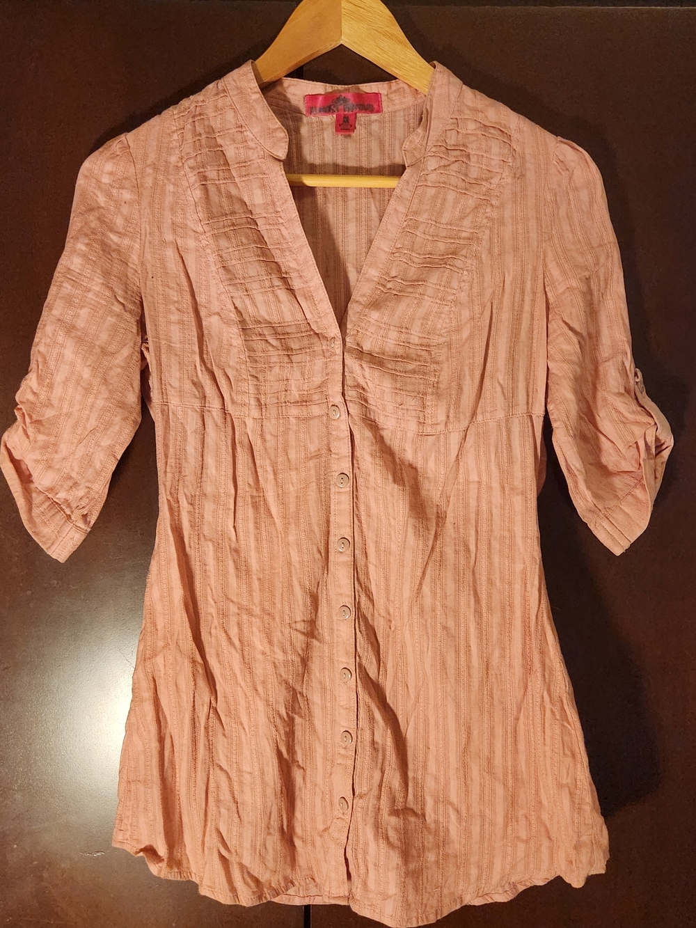 Almost Famous Light Pink Button-Front V-Neck Tunic Shirt Women Size Medium